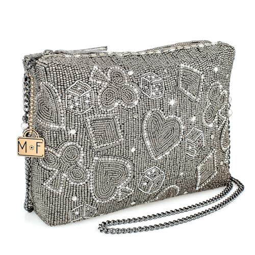 Mary Frances Well Suited Beaded Clutch Handbag with Playful Card Pattern and Chic Removable Chain Strap, Pewter