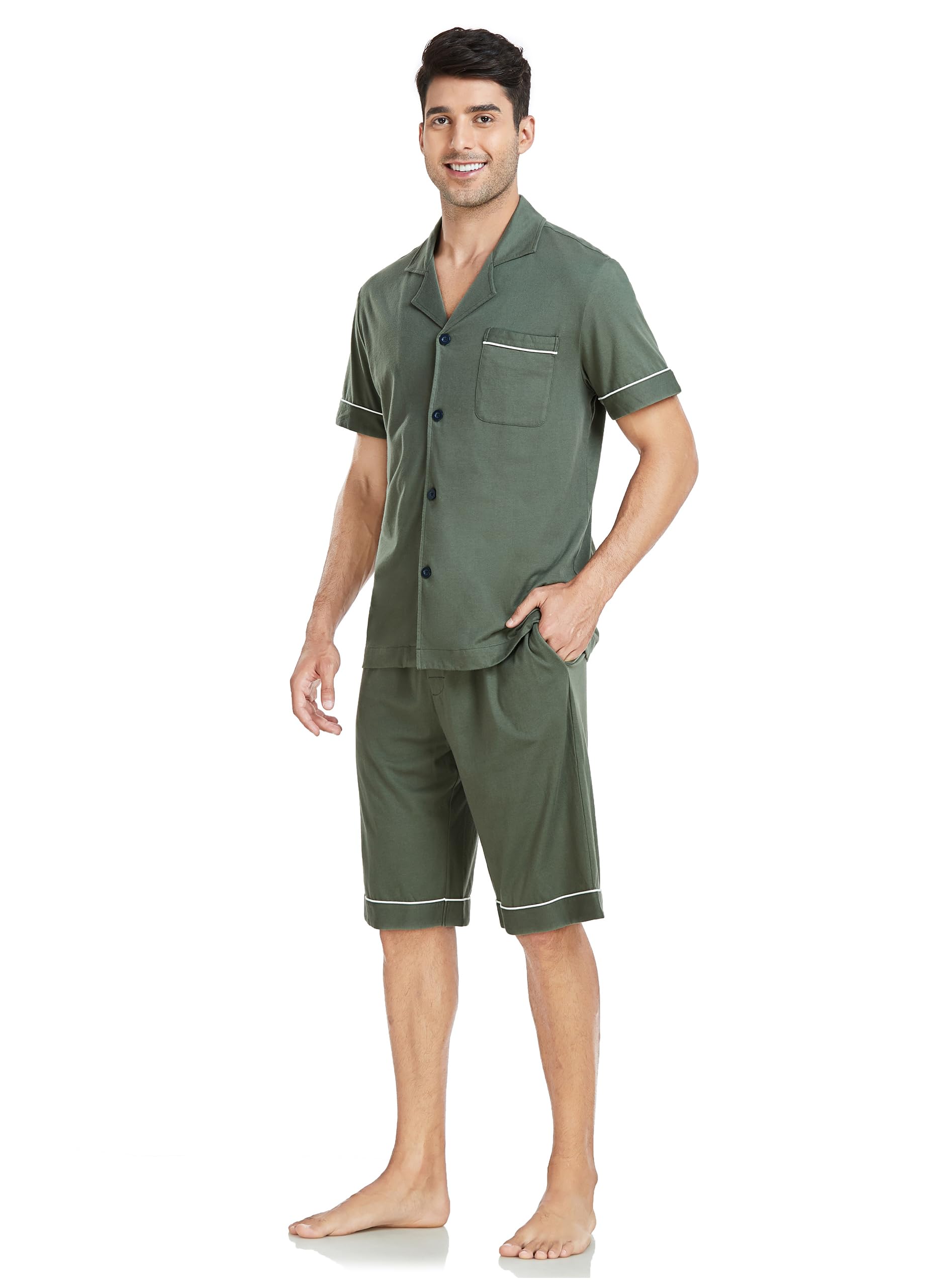 EA'S SECRET Schlafanzug Herren Kurz Baumwolle Pyjama Set Zweiteiliger Nachtwäsche Oberteile und Kurze Hose mit Knopfleiste