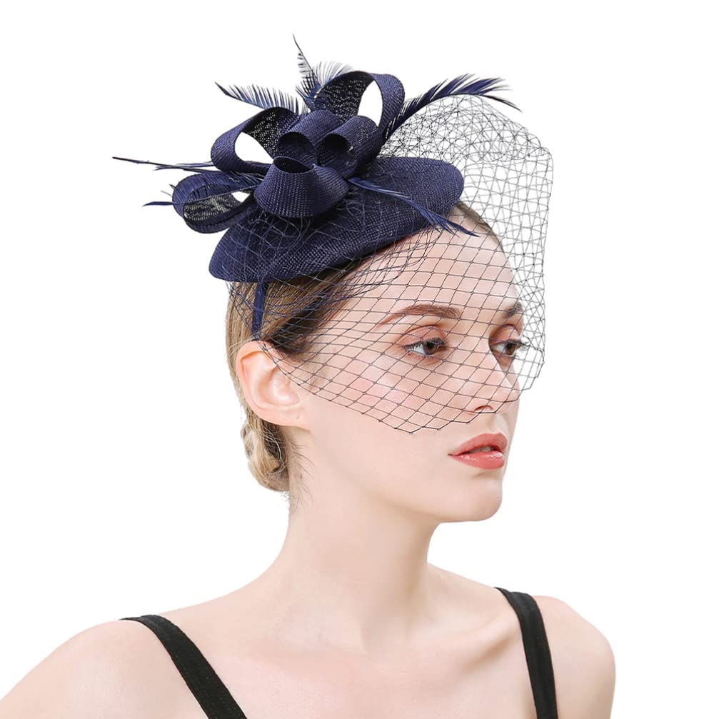 LALAFINA Cerchietto Fascinator in Rete Fiore Piumato, Blu Navy | Clip per Chioma Due Usi, Abs e Poliestere, Leggero per Feste e Matrimoni