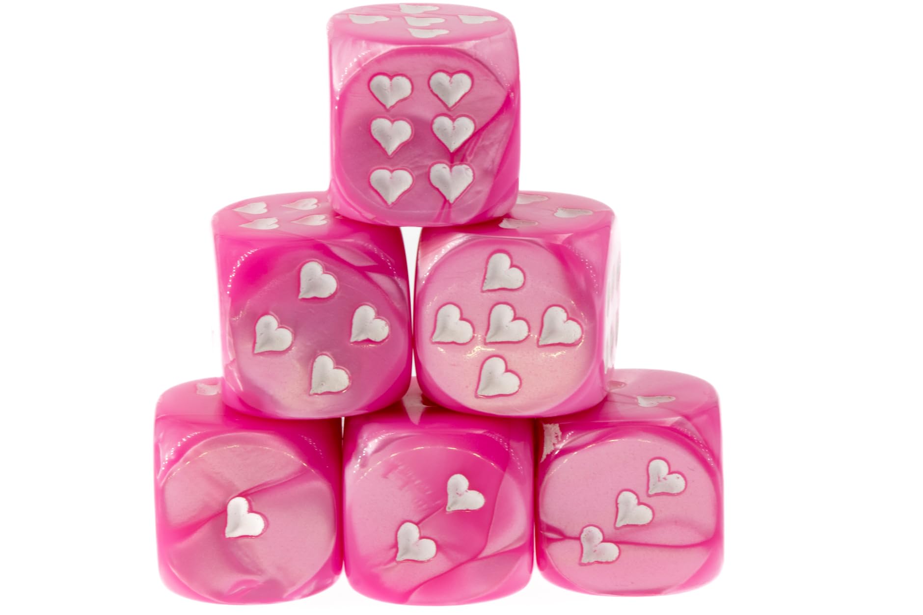 WeLoveDice - Würfel rosa mit weissen Herzen - Made in Germany - 6 Stück