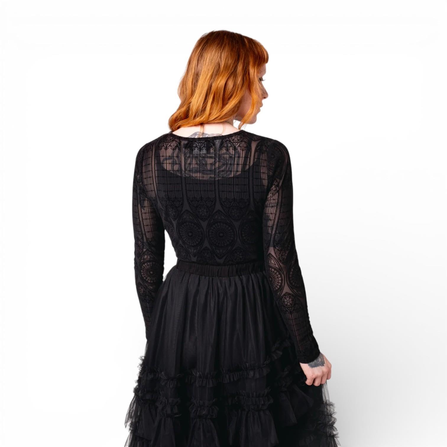 Hell Bunny MEA Culpa Top Schwarzes Gothic-Oberteil aus beflocktem Mesh mit Langen Ärmeln, transparent