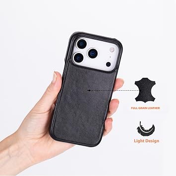 Apple iPhone 17 Pro ile uyumlu, Hakiki Deri, El Yapımı Kılıf, Mag-safe destekler, İç Yüzeyi Kadife, Kömür Siyah