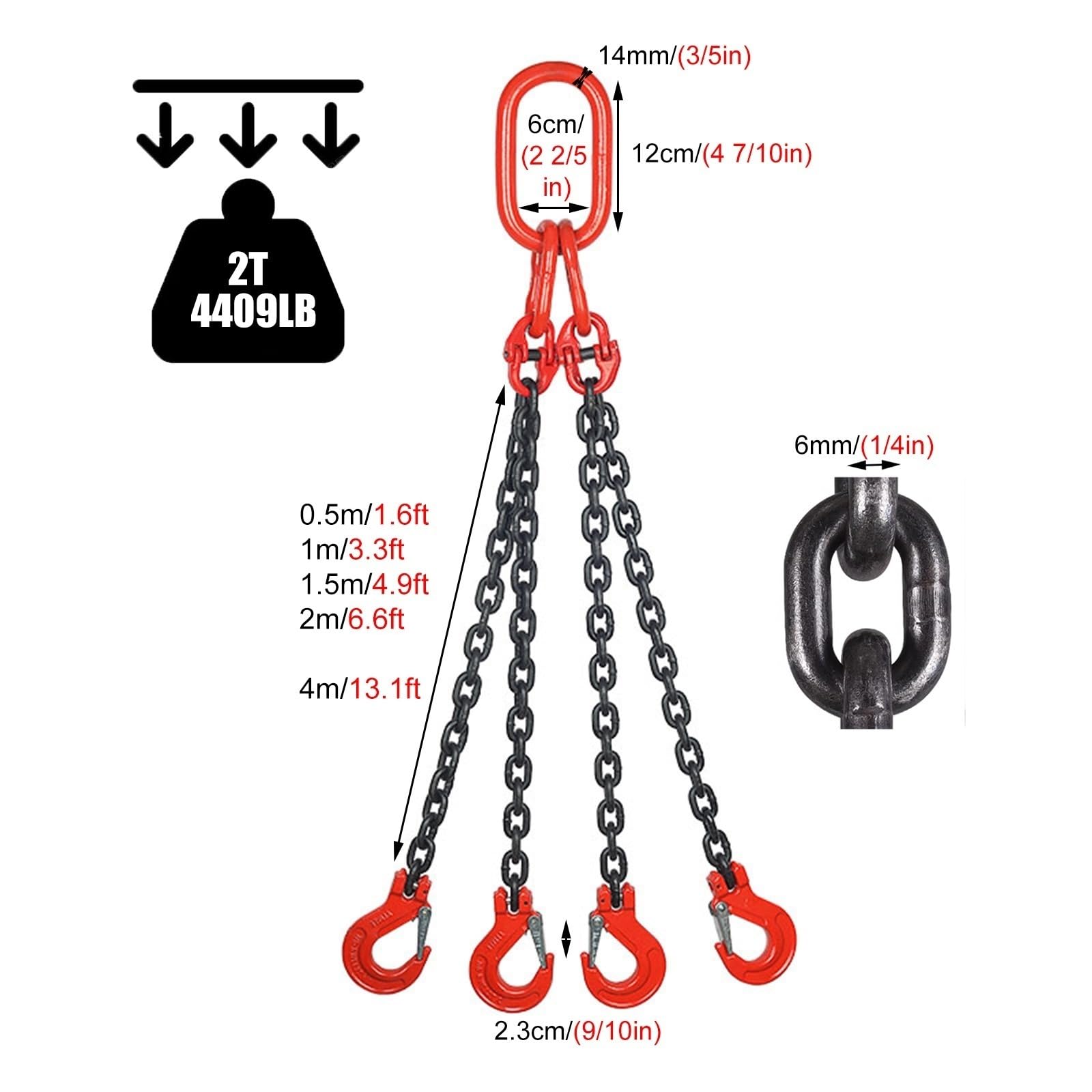 Lifting Slings Heavy Duty Chain Quad Leg with Locking Hooks, Load 2 Ton Lifting Chain for Cargo Security Towing and Handling, G80 Mn Steel Lift Chain Sling(Load 2 Ton L 2 M (6.6 FT) 4 Hook)