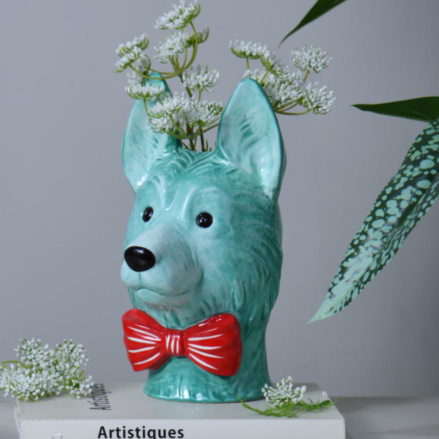 Head Planters Vase Ceramic Dog - German Shepherd Puppy Necktie Pot, Waterproof Unique Flower Vase, Cute Animal Pet Planters for Indoor Plants Shelf Table Decorations Day 5.4x6.5x9.8 Inch Cynkeyee