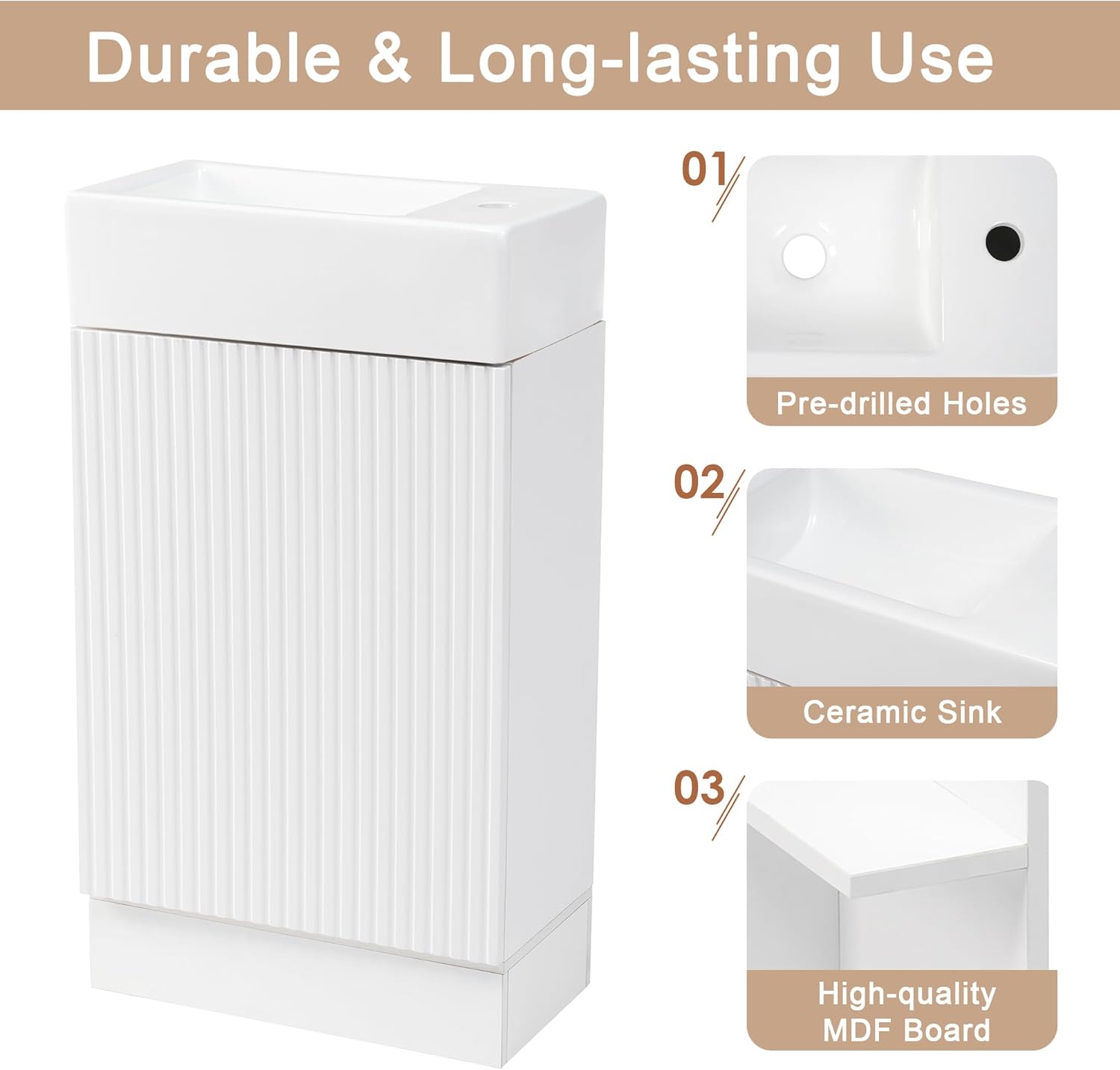 Favfurish 18.6" Bathroom Vanity with Ceramic Sink,Undermount Single Basin Bath Vanity Set w/2-Tier Open Shelf & Toilet Paper Holder,Left/Right Orientation,Freestanding Storage Cabinet,White