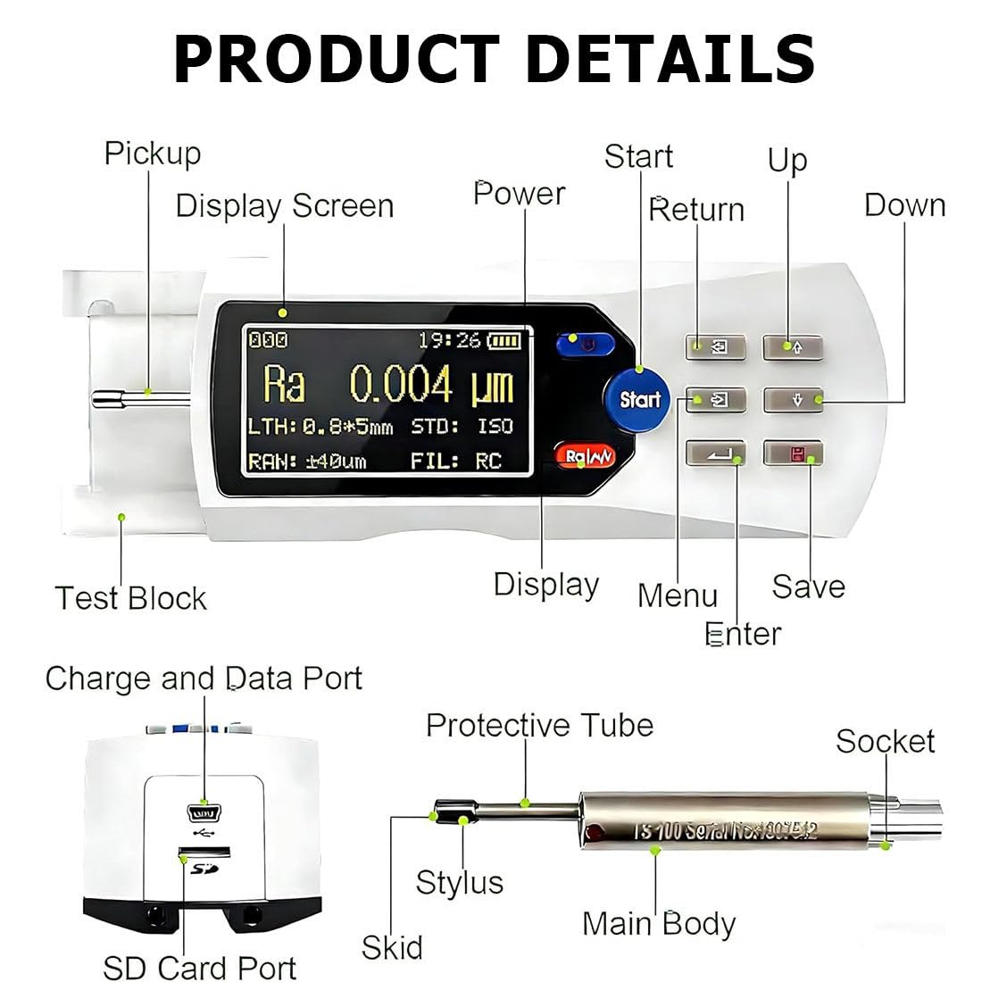 Tester di rugosità superficiale, misura portatile per ispezione di pezzi di precisione, risoluzione 0,001 μm, rilevamento versatile Ra, Rz, Rq, Rmax