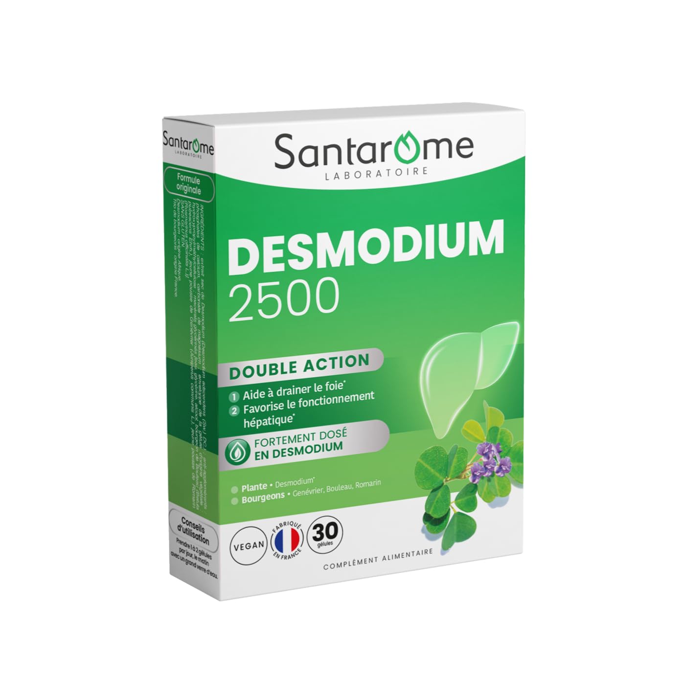 Santarome Bio - Desmodium 2500 | Complément Alimentaire Détoxifiant du Foie - detox foie | Fonctionnement Hépatique & Protection du Foie - A base de plantes | 30 Gélules | Végan | Made In France