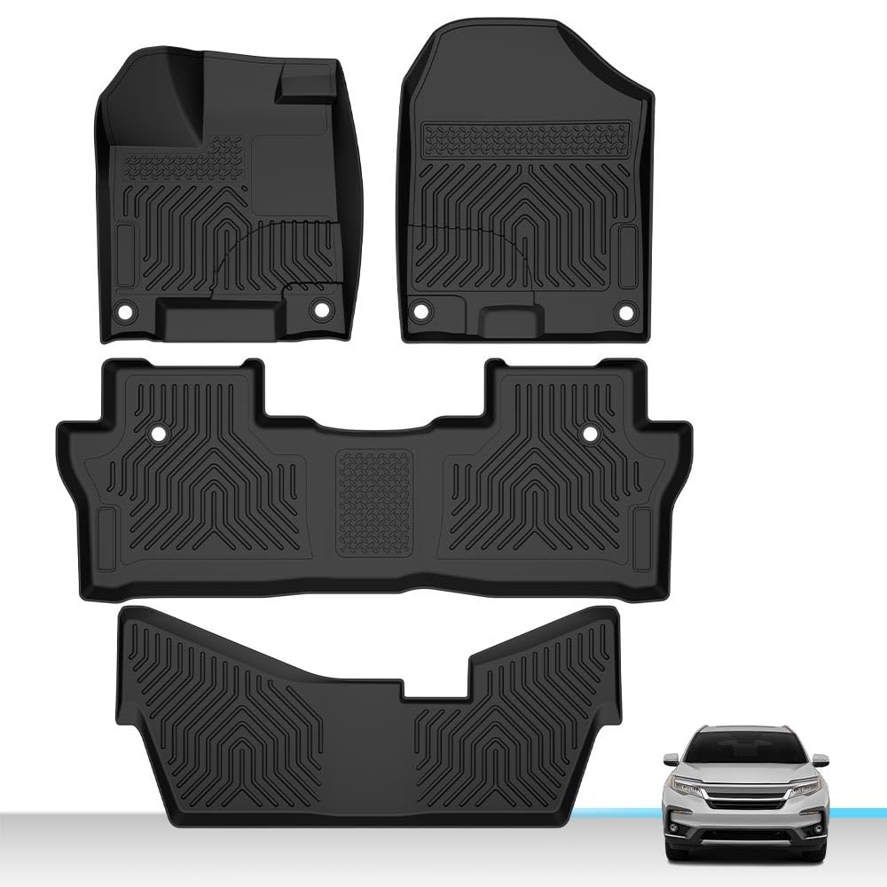 Floor Mats TPE Compatible with Honda Pilot 8 Passenger Models 2016-2022, Not Fit Elite Models 4PCS 1st and 2nd and 3rd Row All Weather Floor Liners