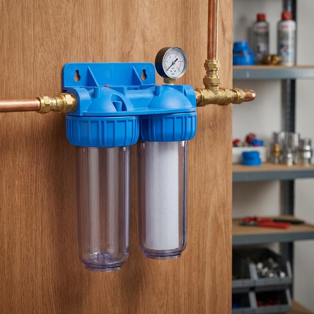 Suinga Pack 2 Vaso Doppio Contenitore per Filtros 10" + 2 Filtro Fibra 5 Micron | Sedimenti | Connessione Rinforzata in Ottone | Purificazione Acqua