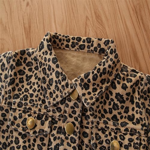 Girls Vintage Jacket Coat Long Sleeve Leopard Printed Button Down Open Front Pockets Cropped Denim Jackets3