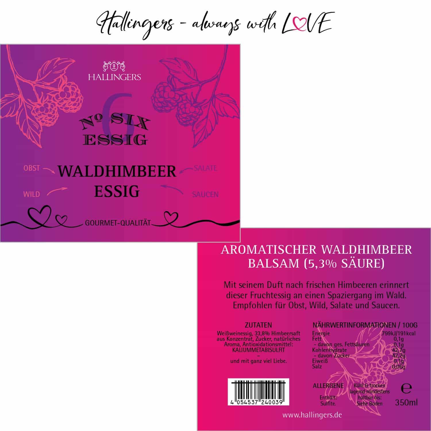 Hallingers Genuss Manufaktur Gourmet-Essig Geschenk - für Salate, Getränke & Speisen in wertiger Geschenkflasche "No. 6" 5,3% Säure Wald-Himbeer-Balsam, Geschenkidee für Frauen Männer
