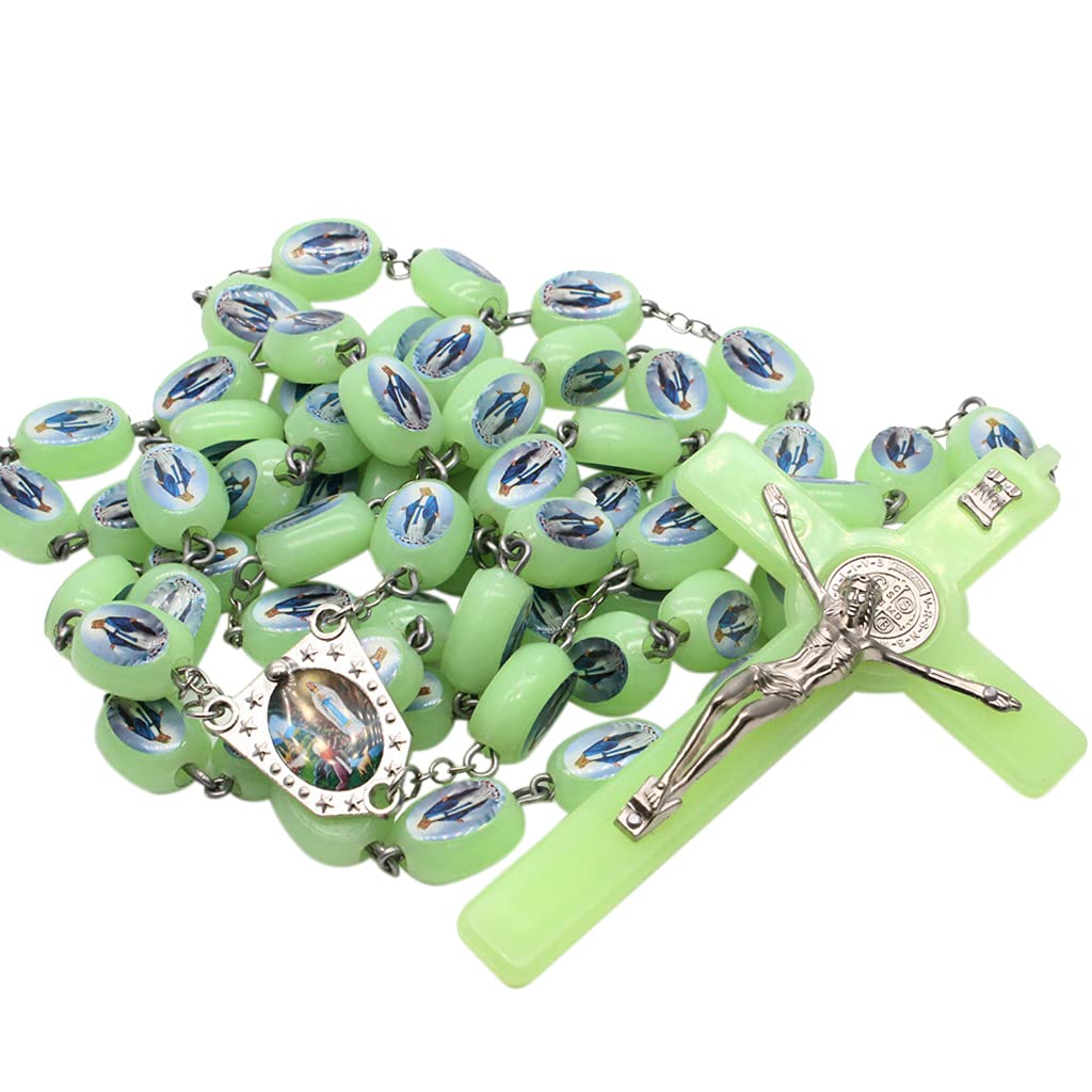Catholic Glow in The Dark Rosary Pendant Necklace Angel Virgin Mary Luminous Prayer Beads Wall Hanging Home Decoration