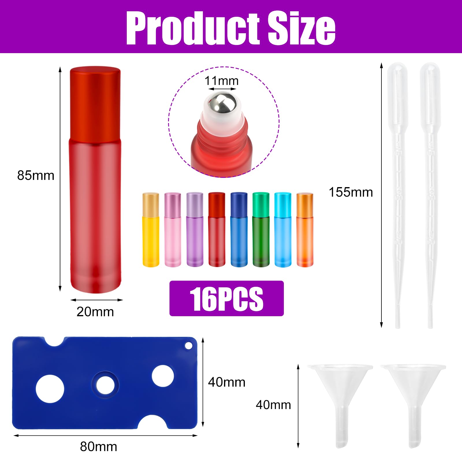 16 Piezas Roll On Aceite Esencial Cristal, 10 ml Botellas Rellenable, Botellas Aceite Esencial con Bolas de Acero Inoxidable
