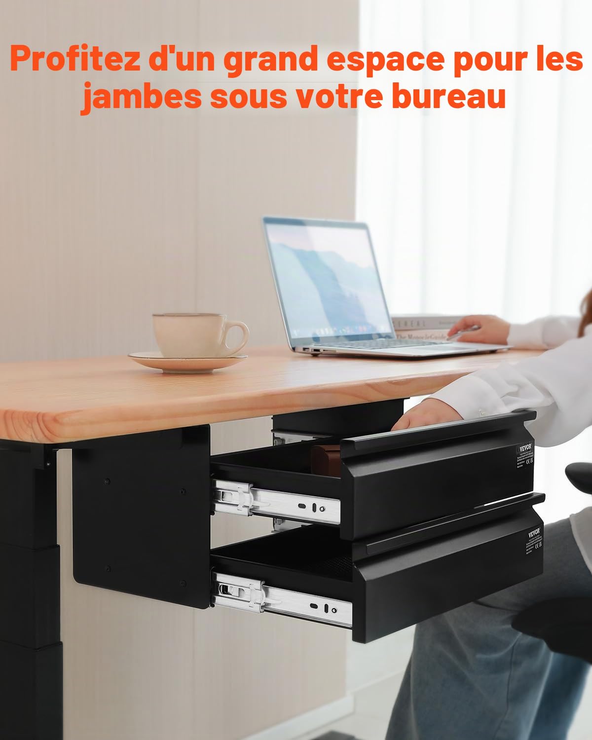 VEVOR Tiroir Coulissant sous Bureau, 457x227x200 mm, Tiroir Organisateur de Rangement sous Bureau Caché à 2 Couches, Capacité de Charge 5 kg, pour Maison sous Table, Poste de Travail Assis-debout