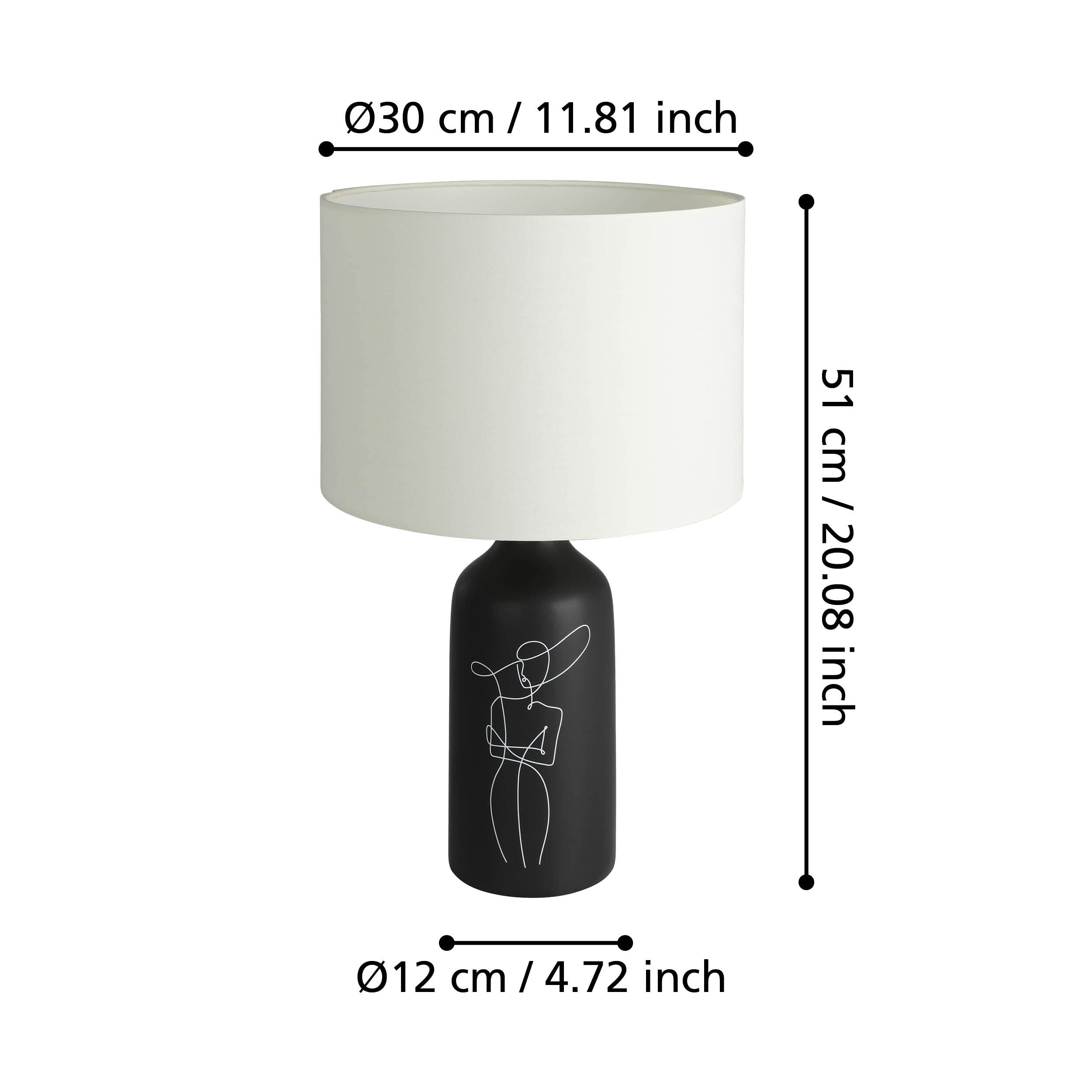 Eglo Vinoza lámpara de mesa, iluminador para mesa de noche con pantalla | luminaria de cerámica en negro con motivo y textil en blanco, dormitorio deco, luz para sala, casquillo E27