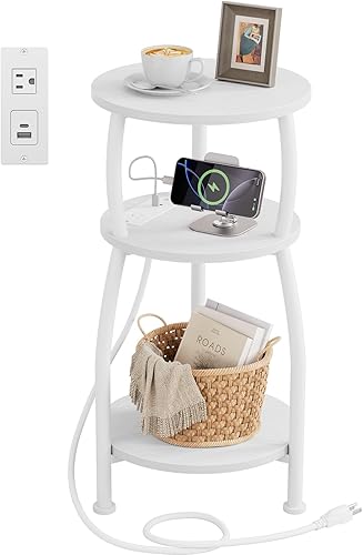 Miniatura 11 de Mesa auxiliar redonda pequeña, mesa auxiliar de 3 niveles con estante de almacenamiento, mesa de sofá delgada, mesa de café, mesita de noche Marrón