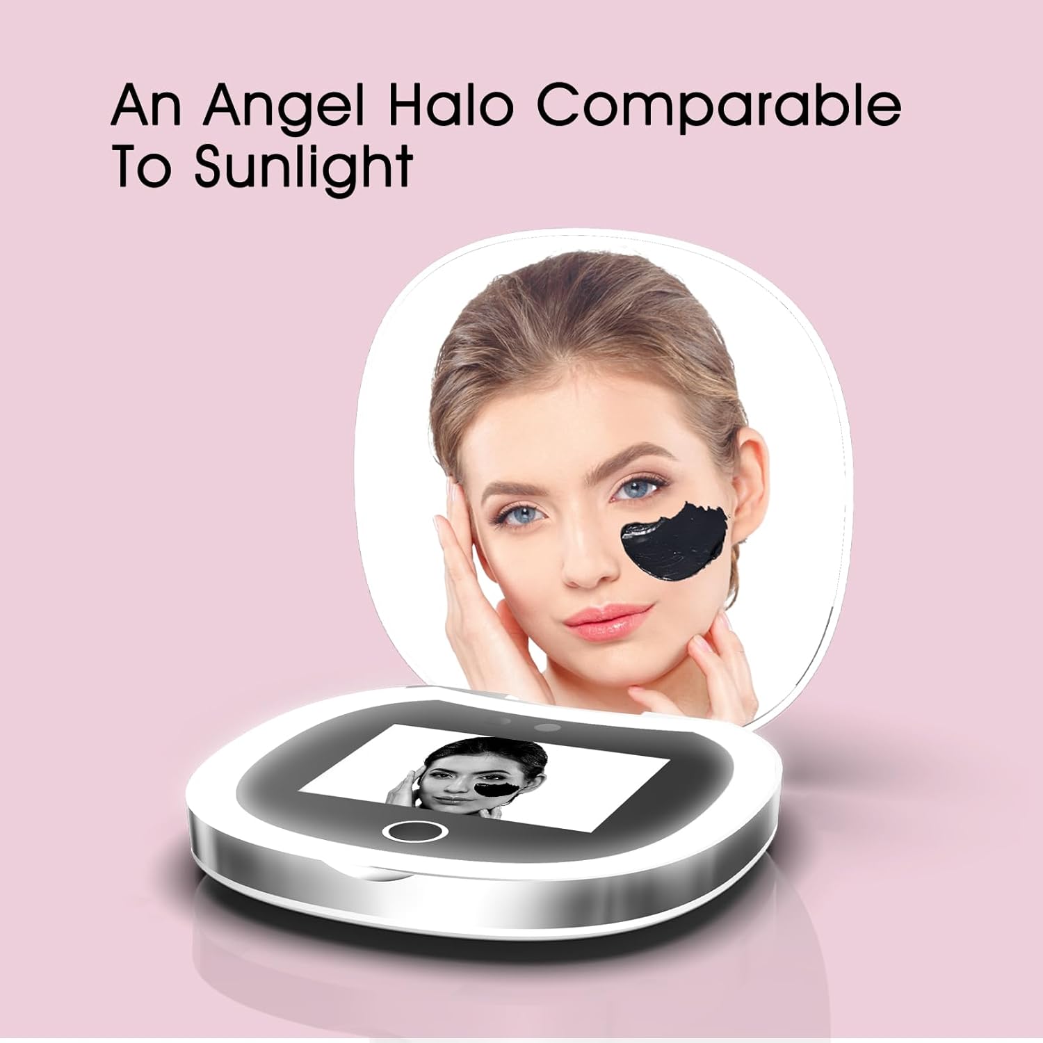 Rechargebale LED Makeup Mirror with Digital Display, Adjustable Brightness and 3 Color Light, Skincare Testing Functions, Sunscreen Application Guide
