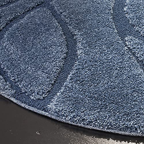 Image of Geometric Wave Round Shaggy Carpet for Living Room, Bedroom, High Low Design Finish Microfiber 1.8 Inch Pile High, 6x6 Feet Royal Blue|Blue Color