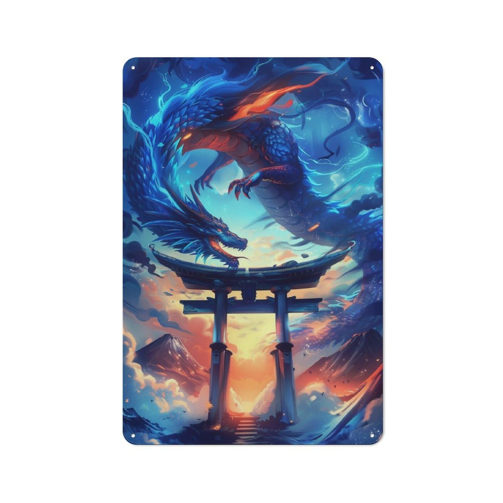 Junmoney Japanese Dragon Torii Gate Metal Plaque 30X20cm With For Garage Wall, Vintage Decor, For Vintage Wall Decor Fans, For Metal Sign Collectors