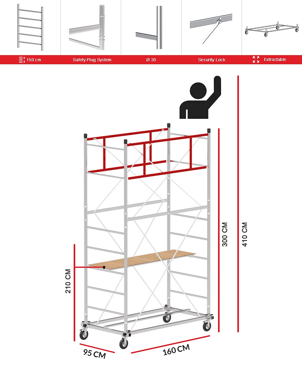 Trabattello altezza di lavoro 4,10 m in acciaio serie M4 LUX 150 made in italy I SCEDIL
