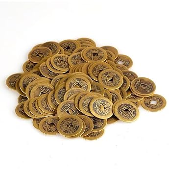 Amazleer Pack of 50 Colour Bronze Chinese Coins Chinese Lucky Coins Thin Feng Shui Coins Chinese Lucky Charm Symbolises Happiness Health and Wealth One Size