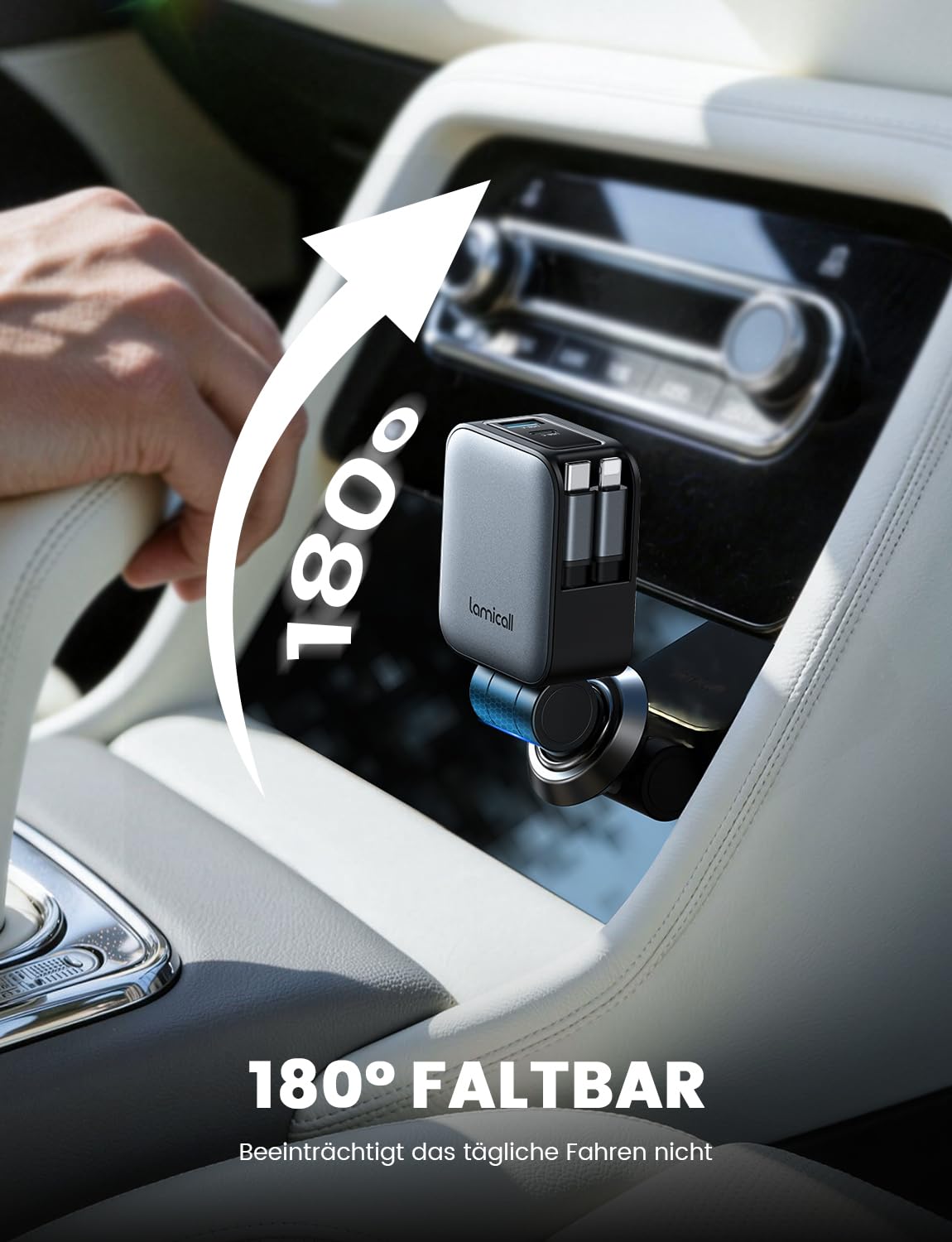 Lamicall 4 IN 1 Zigarettenanzünder USB C Auto Ladegerät - [2× Einziehbare Kabel] 75W USB Adapter Auto mit Typ-C Kabel/iPhone‑Kabel/USB C/USB A, 24/12V KFZ Ladegerät Schnellladegerät für iPhone/Samsung