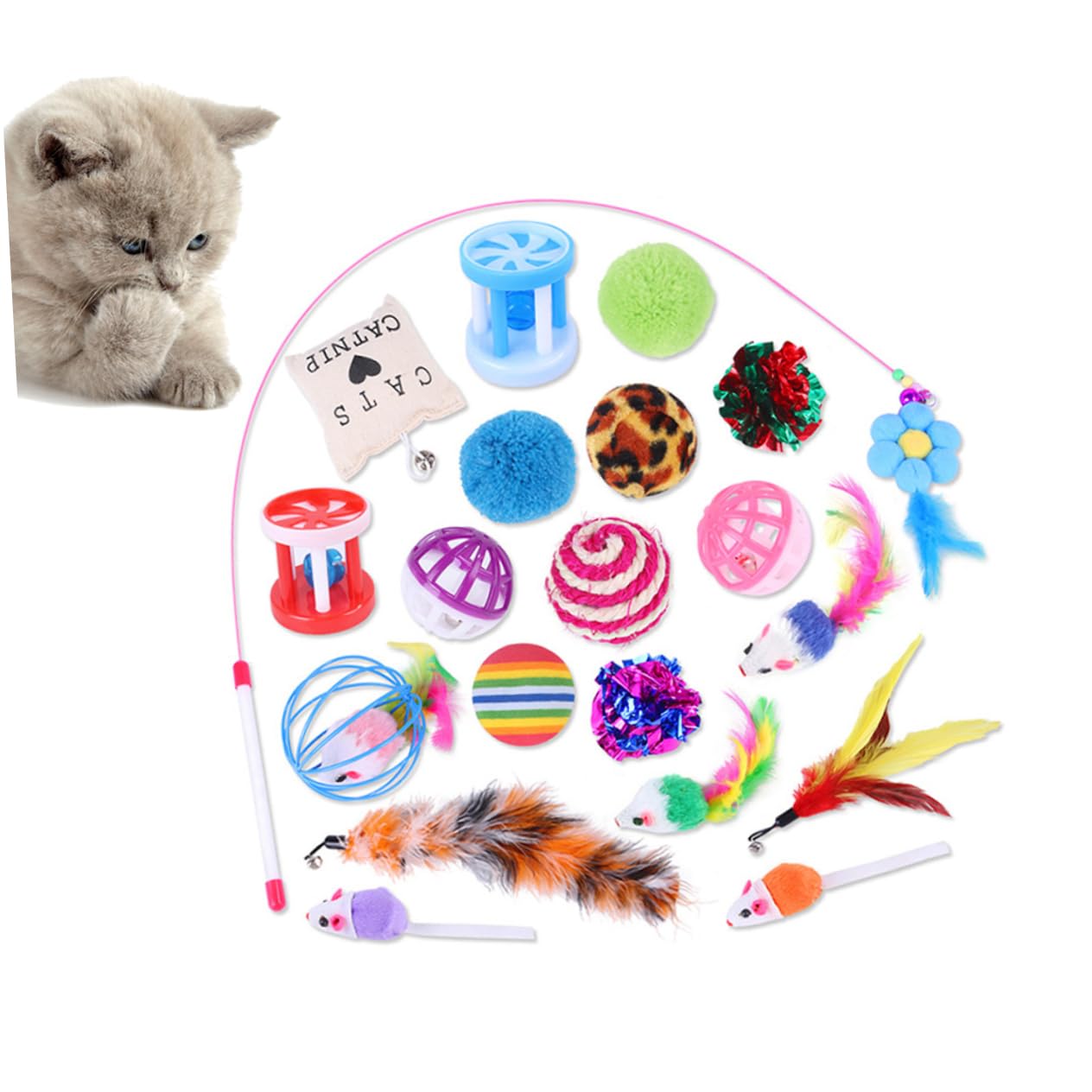 Kisangel 60pièces Set Jouets Interactifs pour Chats avec Clochettes Balles à Teaser Et Accessoires Amusants pour Chats Actifs