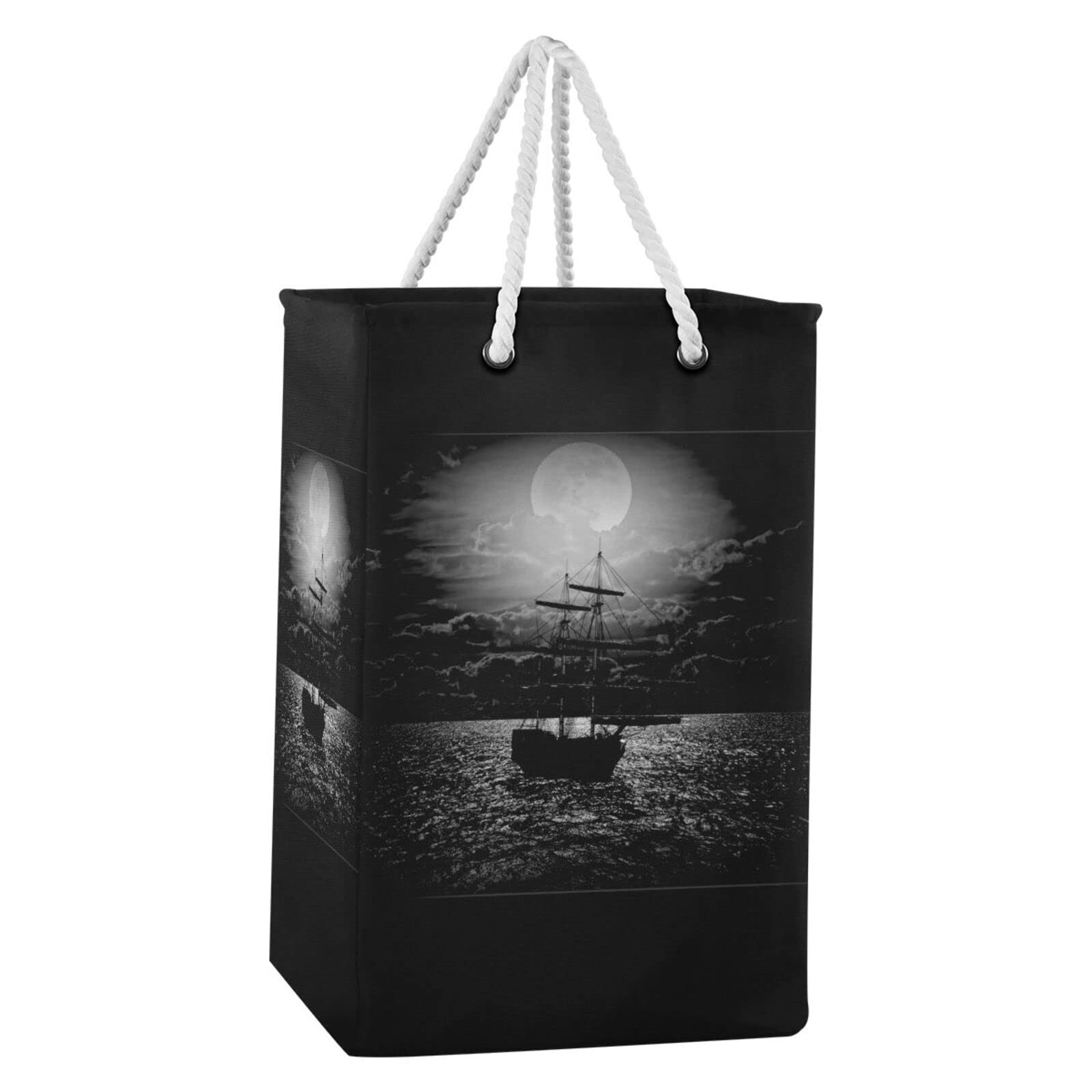 Poeticcity Lonely Sailboat in The Sea Against Full Moon Cloud Dark Pattern Collapsible Waterproof Laundry Hamper, Lightweight Washing Basket Bin Storage Organizer Bucket with Handles for Toys Clothes