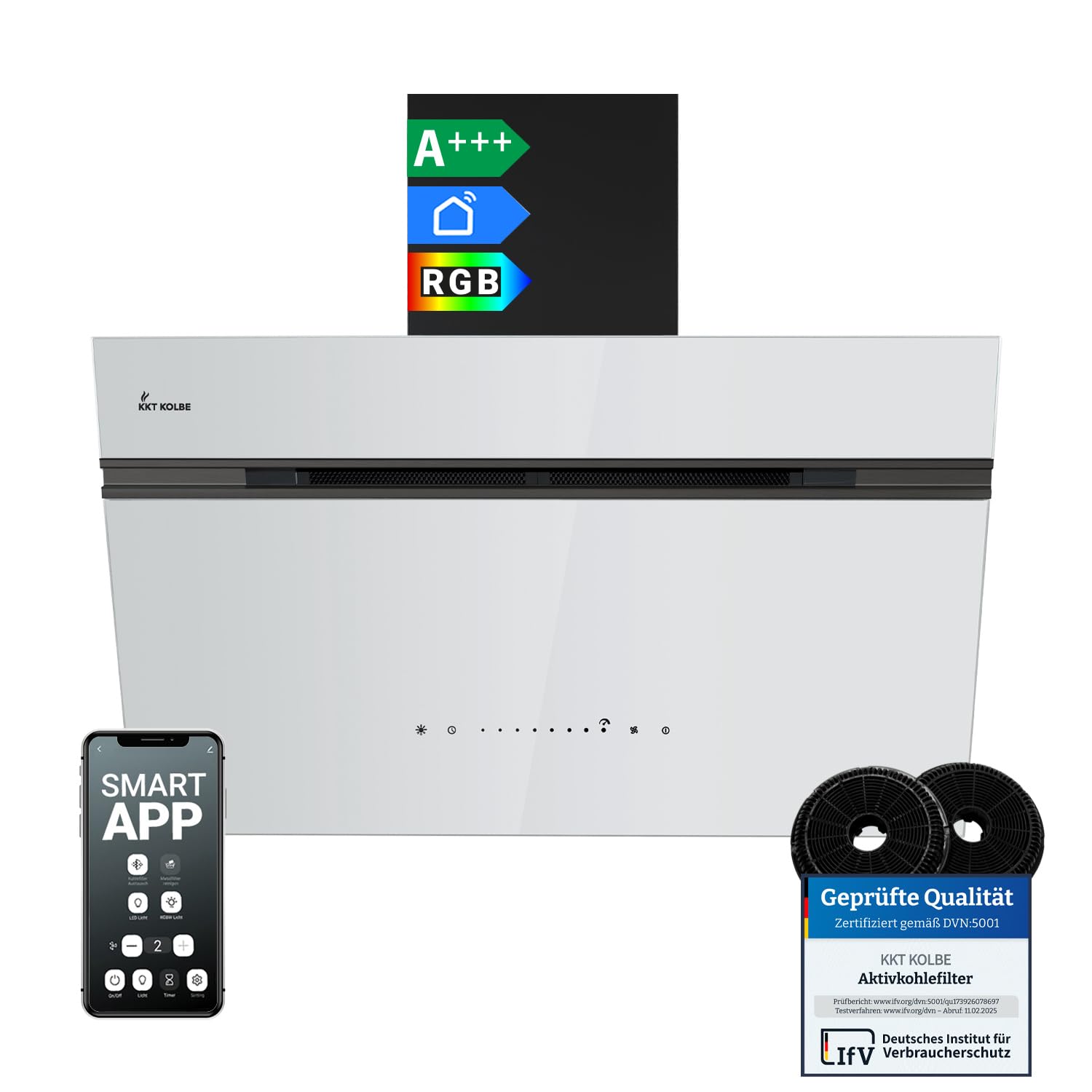 KKT KOLBE A+++ Campana extractora de 80 cm 782 cbm/h, recirculación, sin cabeza, campana de pared | cristal blanco negro | marcha atrás automática | aplicación WiFi inteligente | SensorTouch |