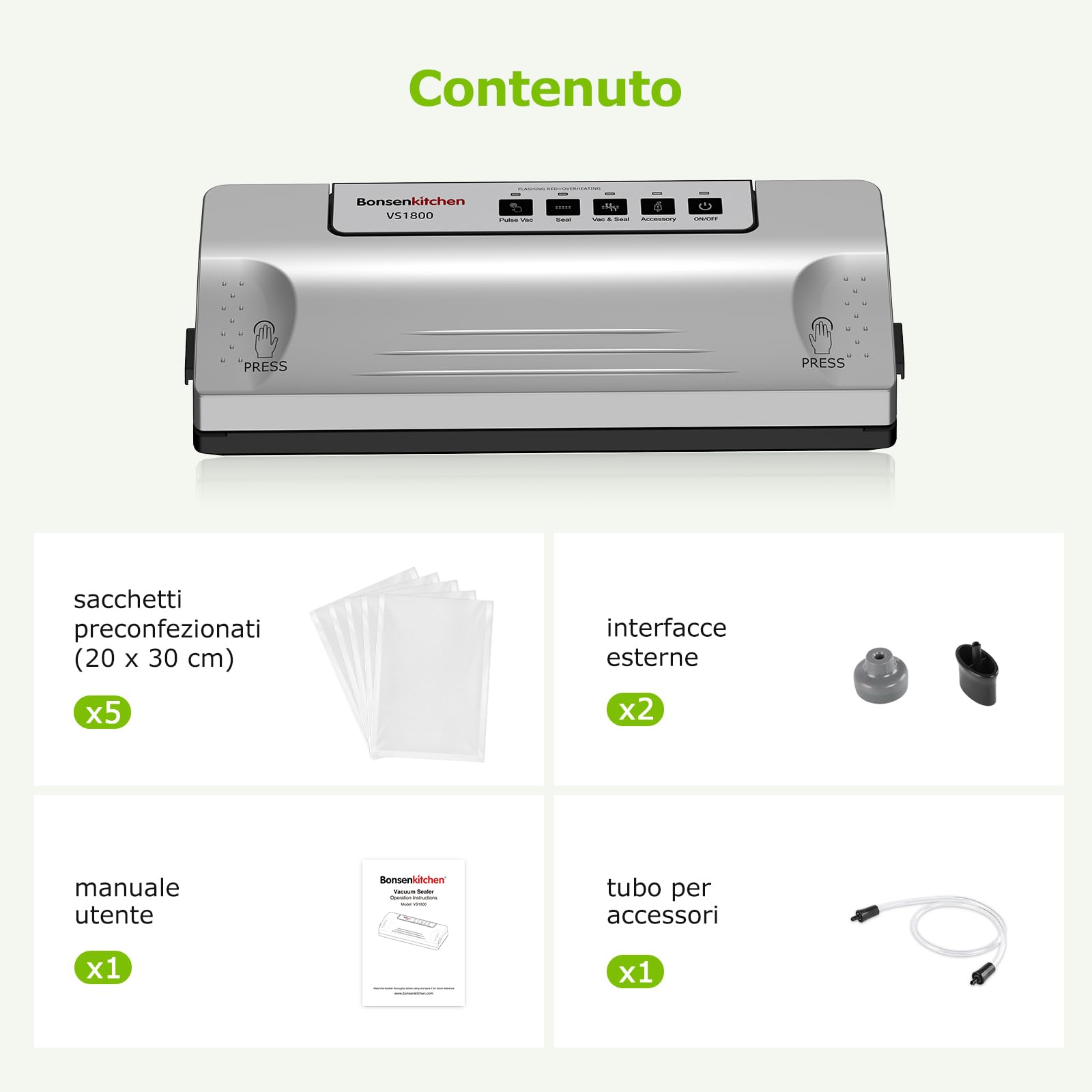 Bonsenkitchen Macchina Sottovuoto, Saldatura Robusta 30 cm, Funzione Pulse per Cibi Umidi, Kit Aspirazione Esterna, Uso Continuo con Protezione Termica, con 5 Sacchetti, VS1800