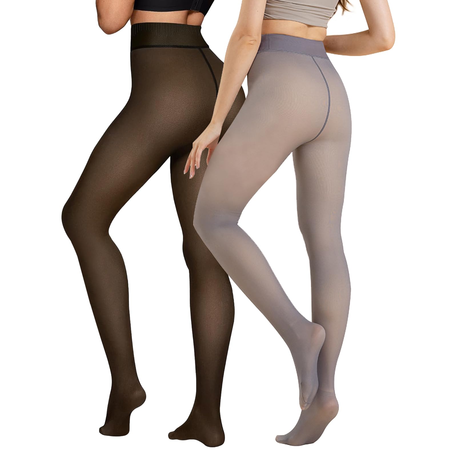 UniikStuff 2 Pairs Women Fleece Lined Tights - Invisible Crotch Warm Fake Translucent High Waist Women Thermal Tights, Black+grey, M