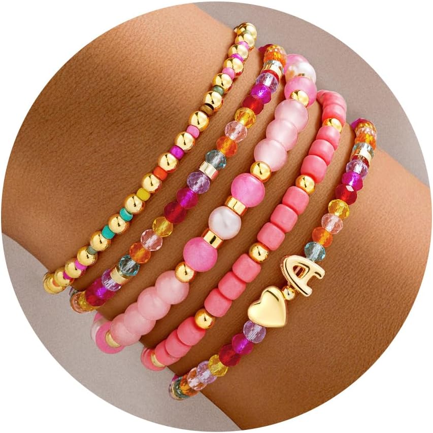 Turandoss 5PCS Initial Heart Bracelets for Teen Girls Kids - 14K Gold Plated Dainty Beaded Bracelet Set Stack, Stretch Colorful Letter Charm Bracelets Beads Ball for Daughter Her Jewelry Gifts