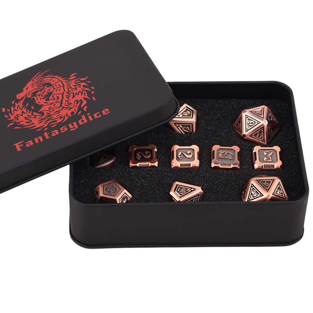 Fantasydice Lot de 11 dés polyédriques en métal motif dragon cuivré pour D&D, DND, Shadowrun, Pathfinder, Warhammer, Call of Cthulhu et plus encore