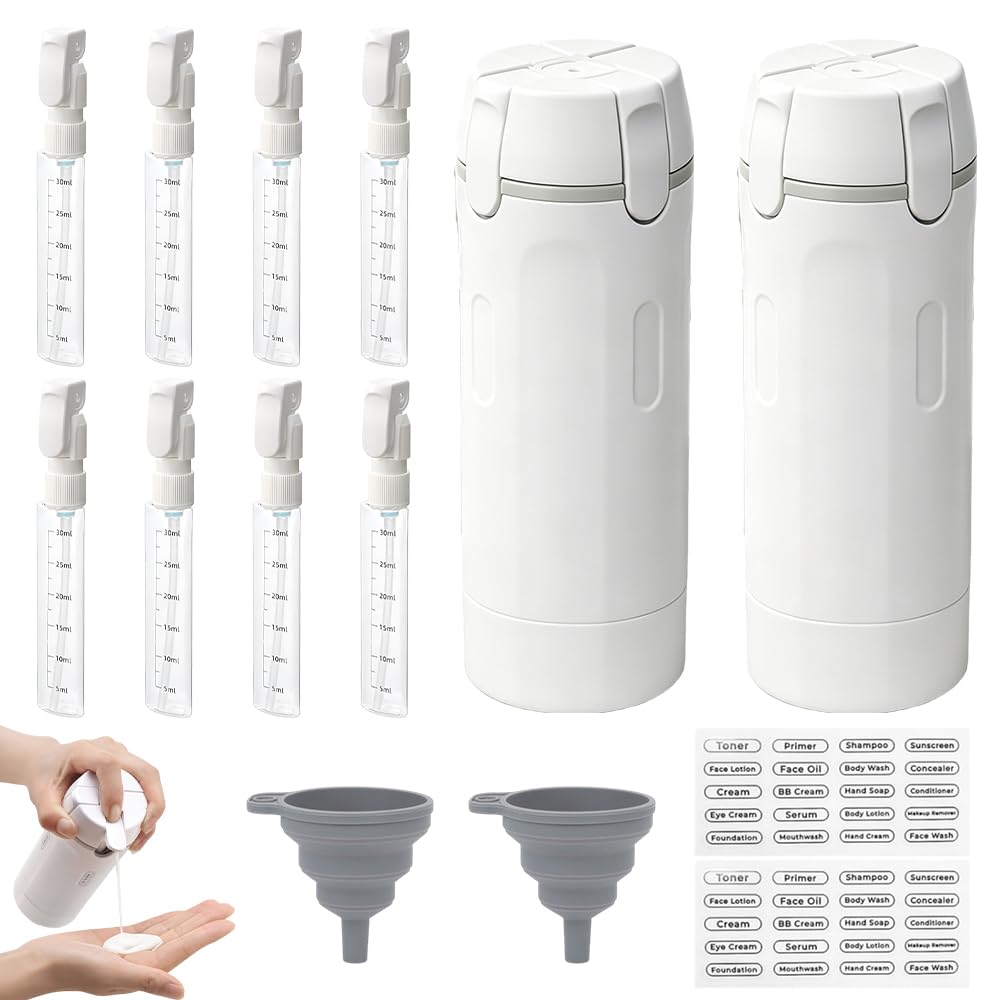 4 In 1 Reisespender, HOVCEH 2 Stück 4In1 Reise Spenderflasche, 8 * 30 ml 4 In 1 Travel Bottle Dispenser mit Skala 2 Trichter, und Etikett für Shampoo, Lotion, Conditioner, Duschgel (2pcs Weiß)