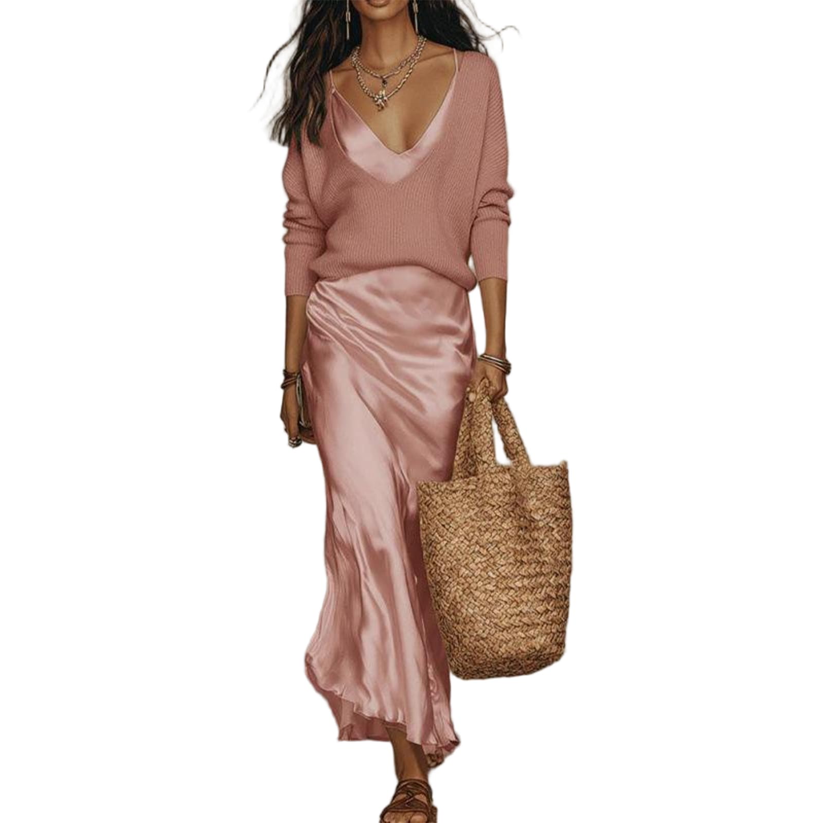 Robe Ete Femme Ensemble Deux Pièces Pull Tricot Col V Robe Longue Femme Ete Satin Fluide Robes Plage Cocktail Ceremonie Coupe Maxi Boheme pour Vacances Et Soiree