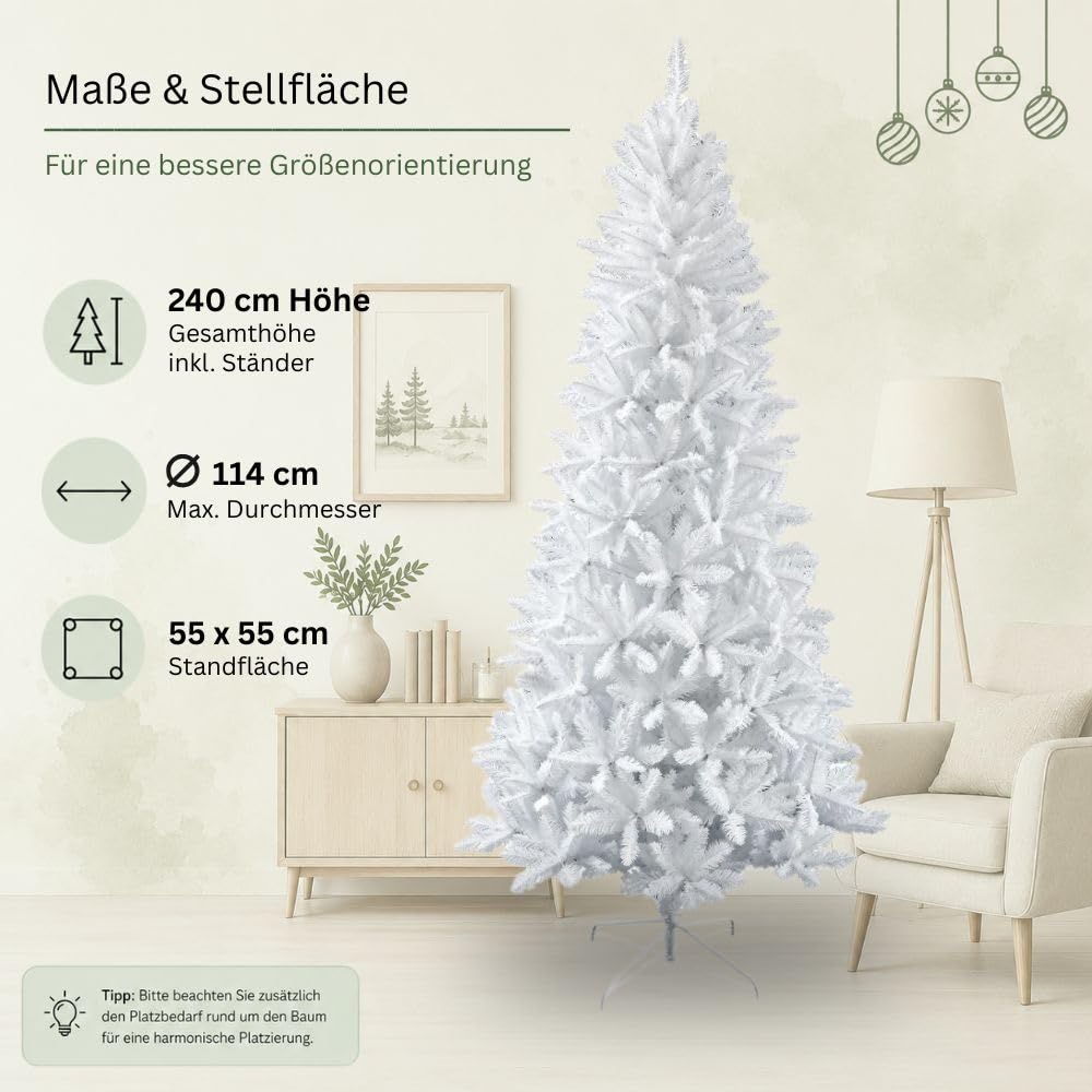 RS Trade Künstlicher Weihnachtsbaum 1015 Weiß 240 cm mit Metallständer, weißer Tannenbaum, künstlicher Christbaum, Kunstbaum Weihnachten, einfacher Aufbau, schwer entflammbar, für Allergiker geeignet