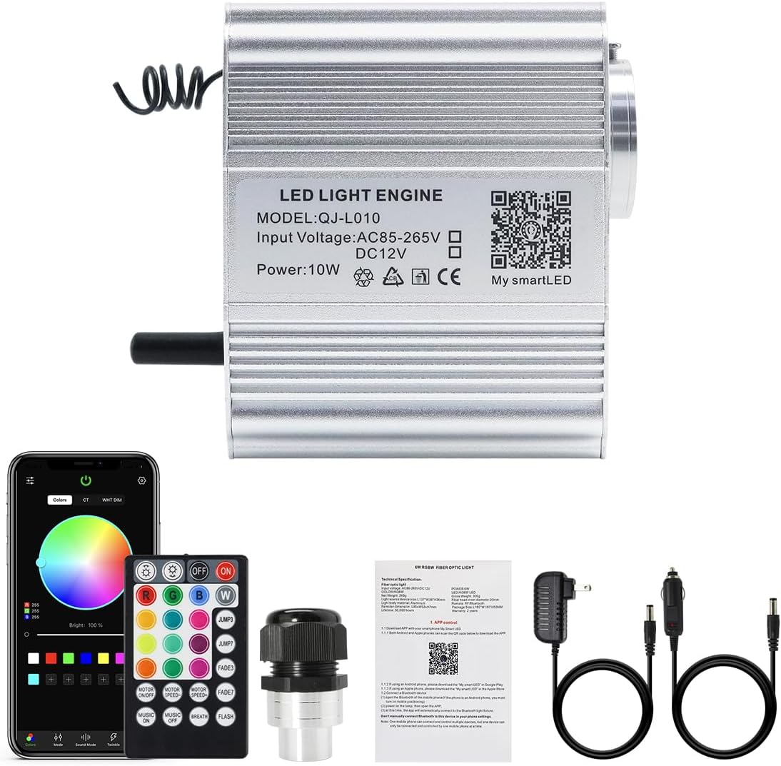 AKEPO 10W Twinkle Fiber Optic Light Engine: RGBW APP Music Remote Control for Car Headliner & Home Star Ceiling Kit