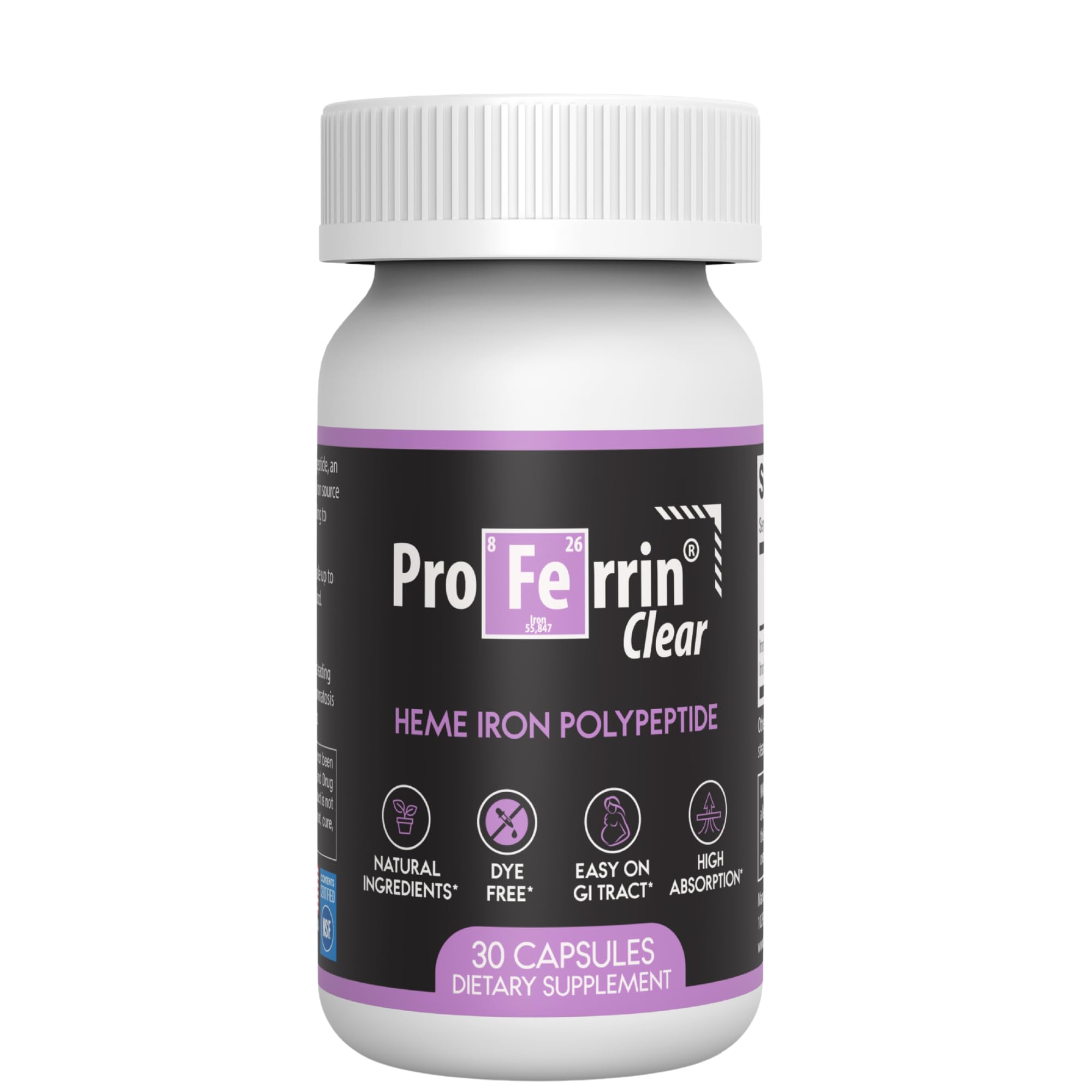 Proferrin Clear 30ct | US Made heme Iron for high Absorption, Easy on GI Tract | Natural, NSF Certified, dye Free