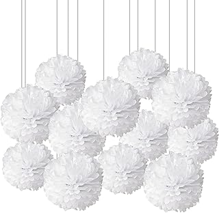 XIKSXITN 12pc White Tissue Paper Pompoms-Hanging Paper Pom Poms Paper Flowers Ball for Party Decorative(10&12inch)