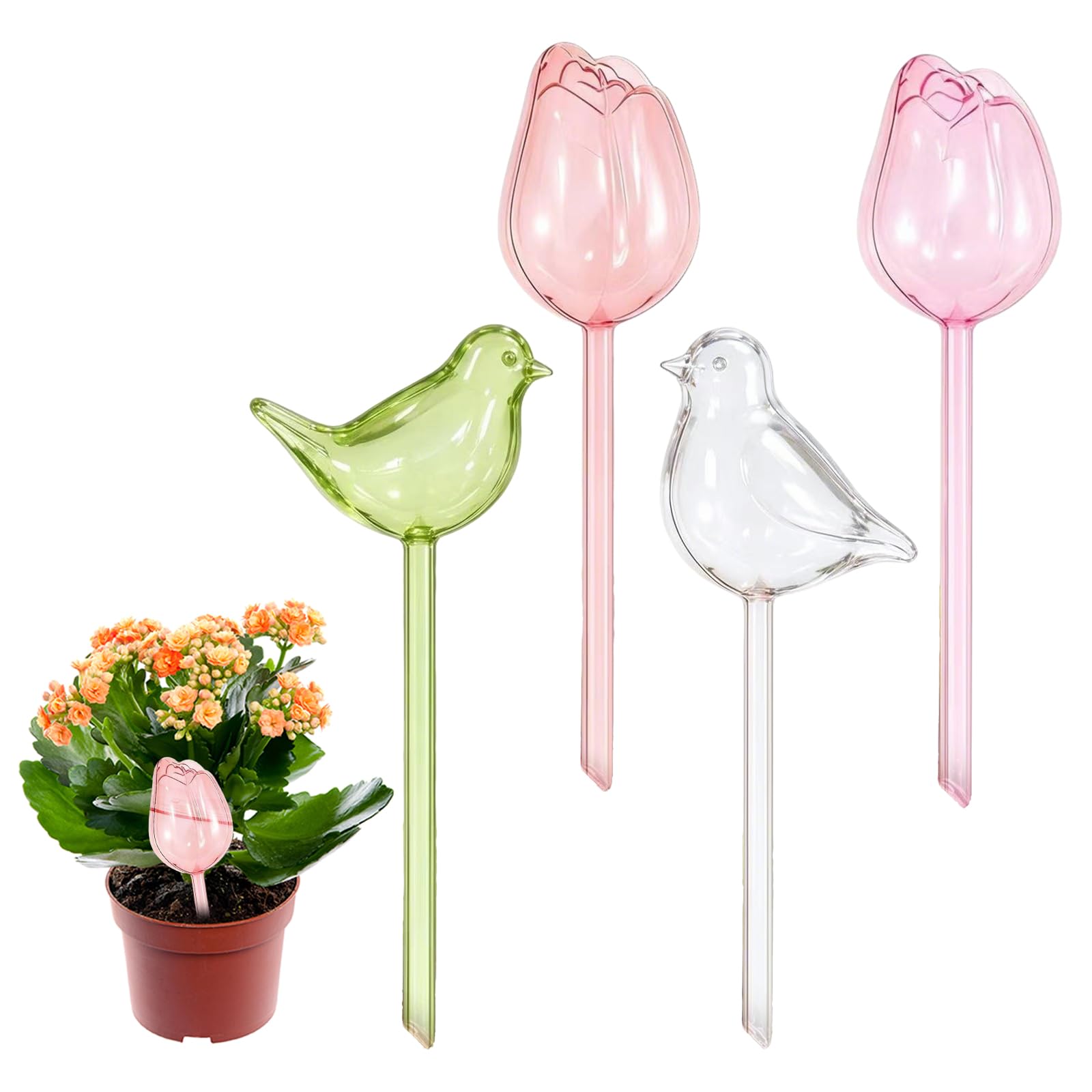 Viilich 4 Pack Tulip Shape Self Watering Globes, 200ml Transparent PVC Automatic Plant Waterer, Anti-Clog Drip Irrigation Spikes for Indoor Outdoor Potted Plants, Hanging Baskets and Garden Decor
