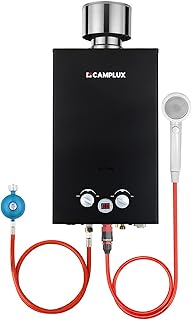 Camplux BW264BC-DE Gasdurchlauferhitzer 10L 50mbar mit Edelstahl Regendeckel Propan/Butan Gas für Campingdusche, Wohnmobilausflug, Waschpferd