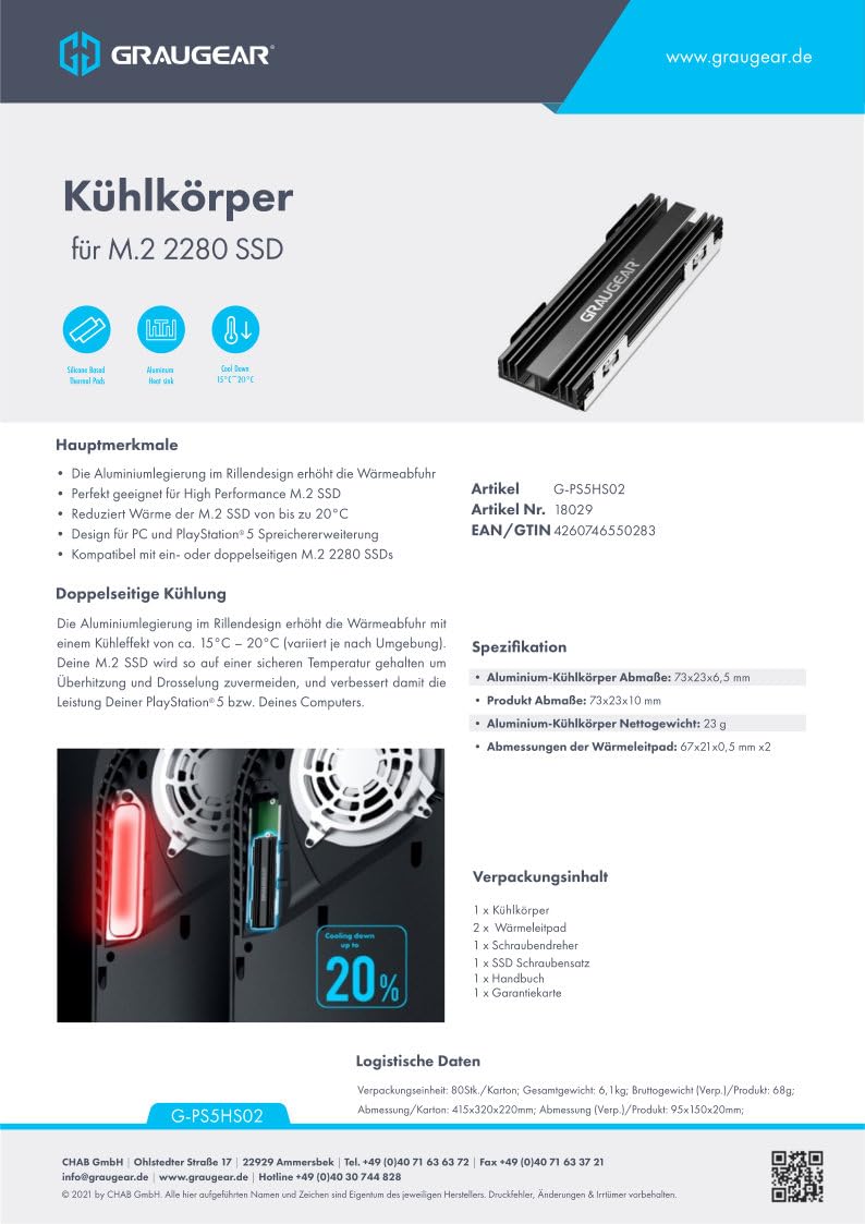 GRAUGEAR Radiator do M.2 NVMe SSD, zestaw chłodnicy Heatsink do Playstation5, PS5 Slim, z pokrywą odprowadzającą ciepło (aluminium)