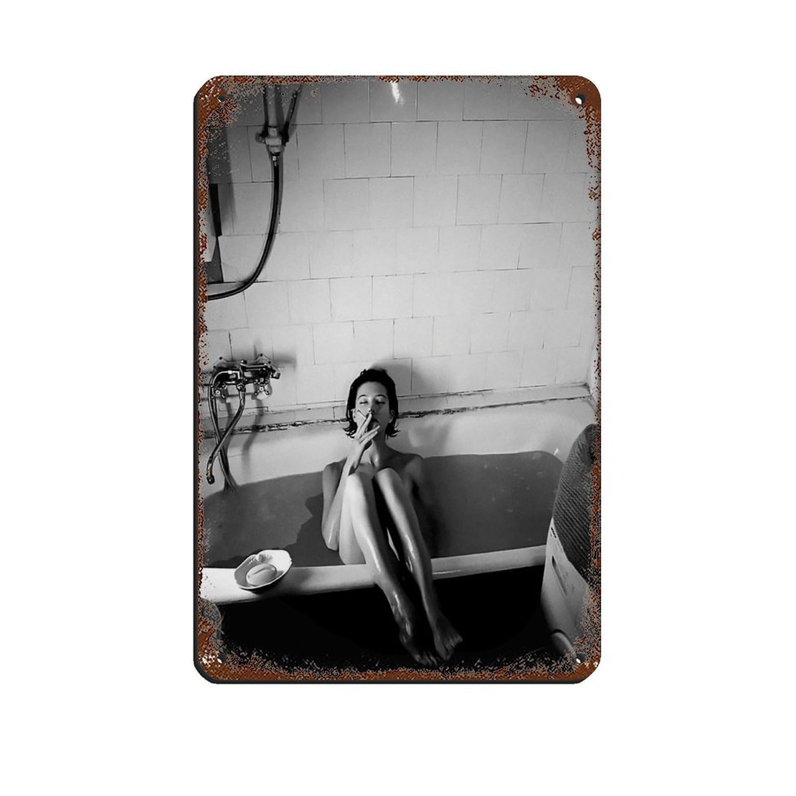 Woman Smoking in Bathtub, Feminist Poster Tin Sign Vintage Metal Pub Club Cafe Bar Home Wall Art Decoration Poster Retro 8x12inch(20x30cm)