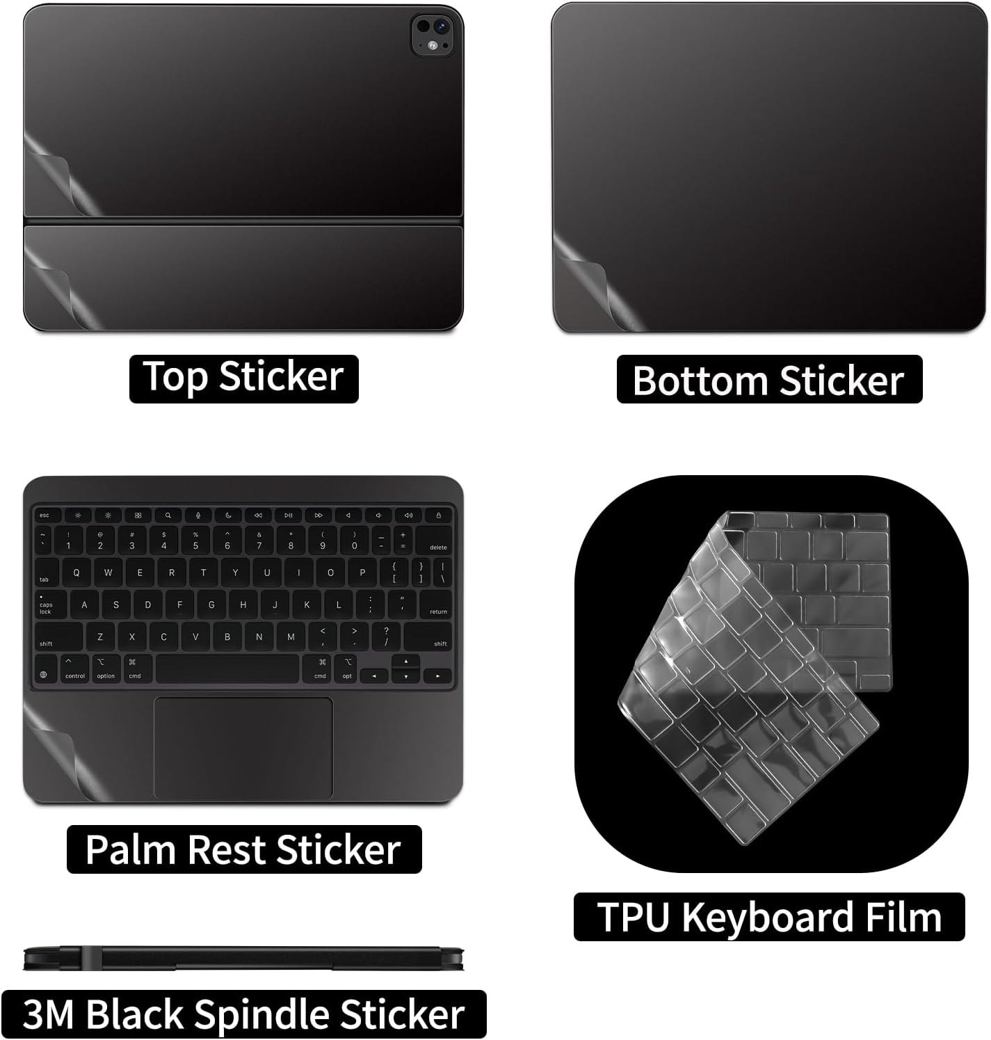 5-in-1 Tablets Decals Sticker for iPad Pro M4 2024 (A2836/A2837) 11 inch Magic Keyboard Protective Skin(Black) with Waterproof Transparent TPU Keyboard Cover