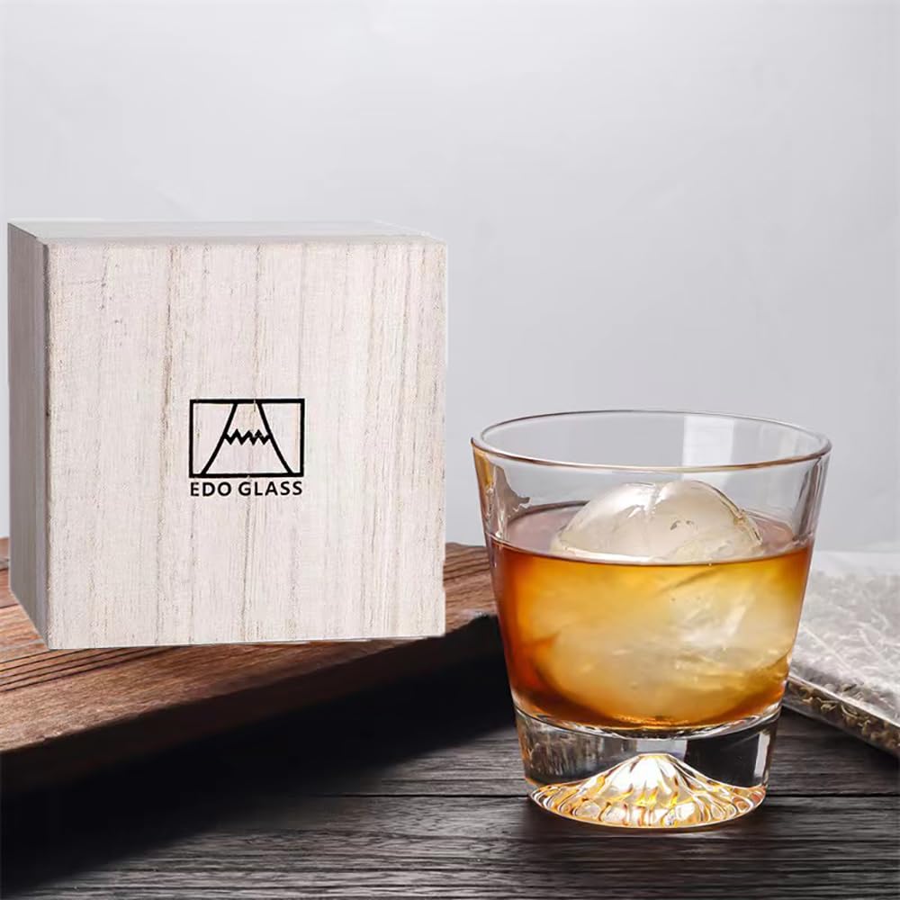 Mt Fuji Glass Rock Glass 9oz Handcrafted Lead Free Paulownia Wood Box Japan