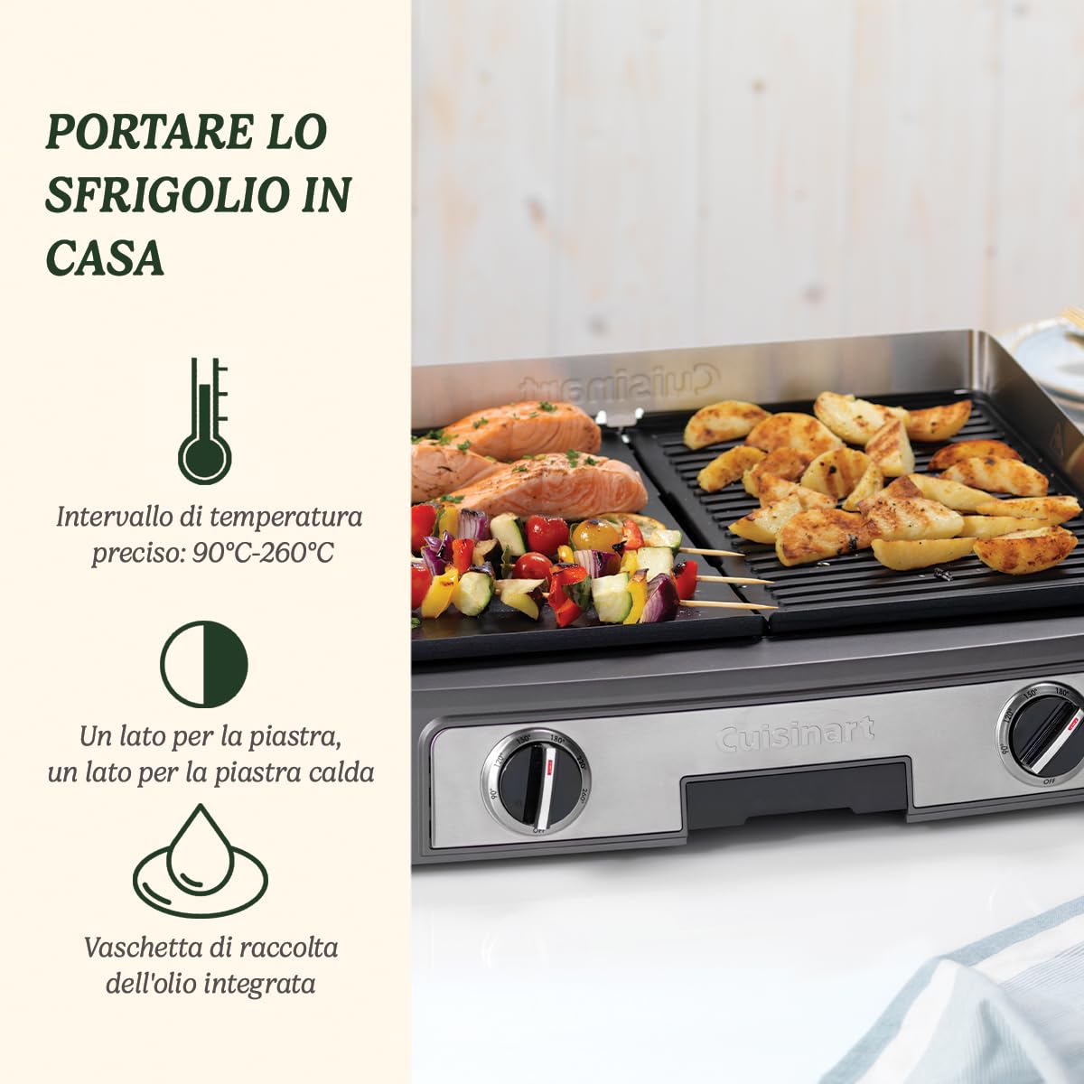 Cuisinart Dual sided Hot Plate Entertaining Grill & Griddle | XL Electric Plancha Grill | Piastra rimovibile antiaderente, Dual-zone Health Grill | Temp Control 90°C-260°C