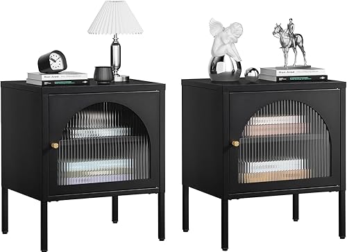 Miniatura 1 de SICOTAS Juego de 2 mesitas de noche para mesita de noche, color negro, con vidrio templado corrugado, marco de acero, estante de almacenamiento,