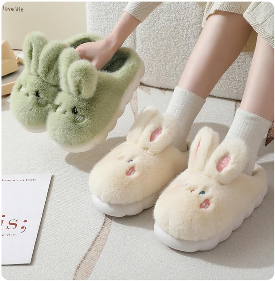 Women's Cute Rabbit Warm Plush Comfortable Indoor Anti slip Home Thick Sole Winter Soft Cotton Slippers - Image 7