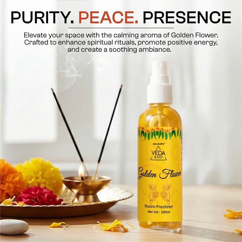 Image of Welburn Veda&Co Golden Flower Fragrance Room Freshener 100ml | Long Lasting Divine Aroma Spray for Home, Puja Room, Office & Meditation Space | Spiritual & Refreshing Air Freshener