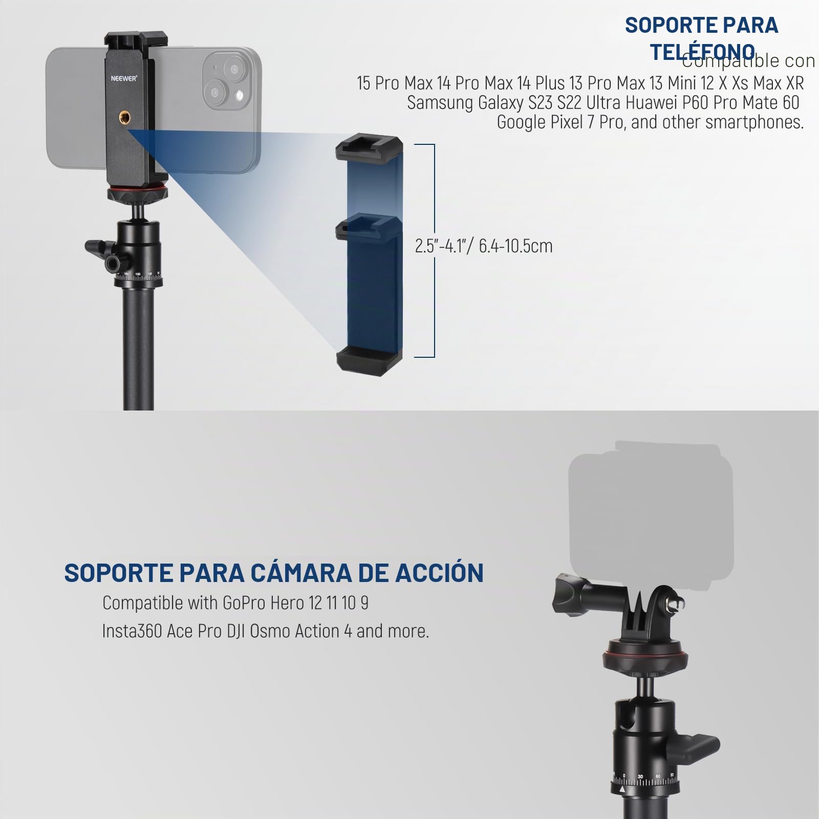 NEEWER Soporte Proyector Mesa con Base,Trípode Escritorio de 40-90cm con Soporte Celular & Montaje Cámara Acción,Montaje Proyector Vídeo Webcam Cabezal Esférico Compatible con XGIMI Nebula MEVO,DS006